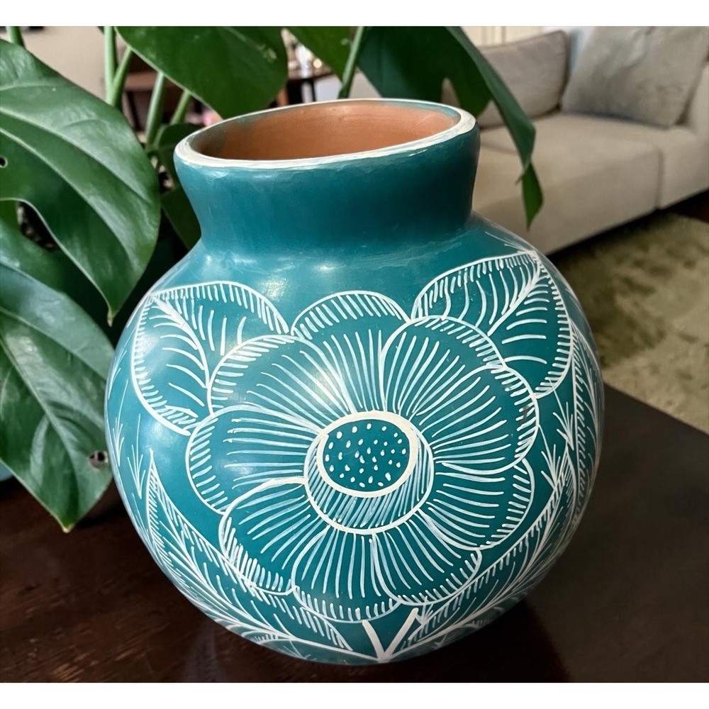 Huancito Pottery Burnished Clay Pot Hand Painted Flowers Birds Michoacan Mexico